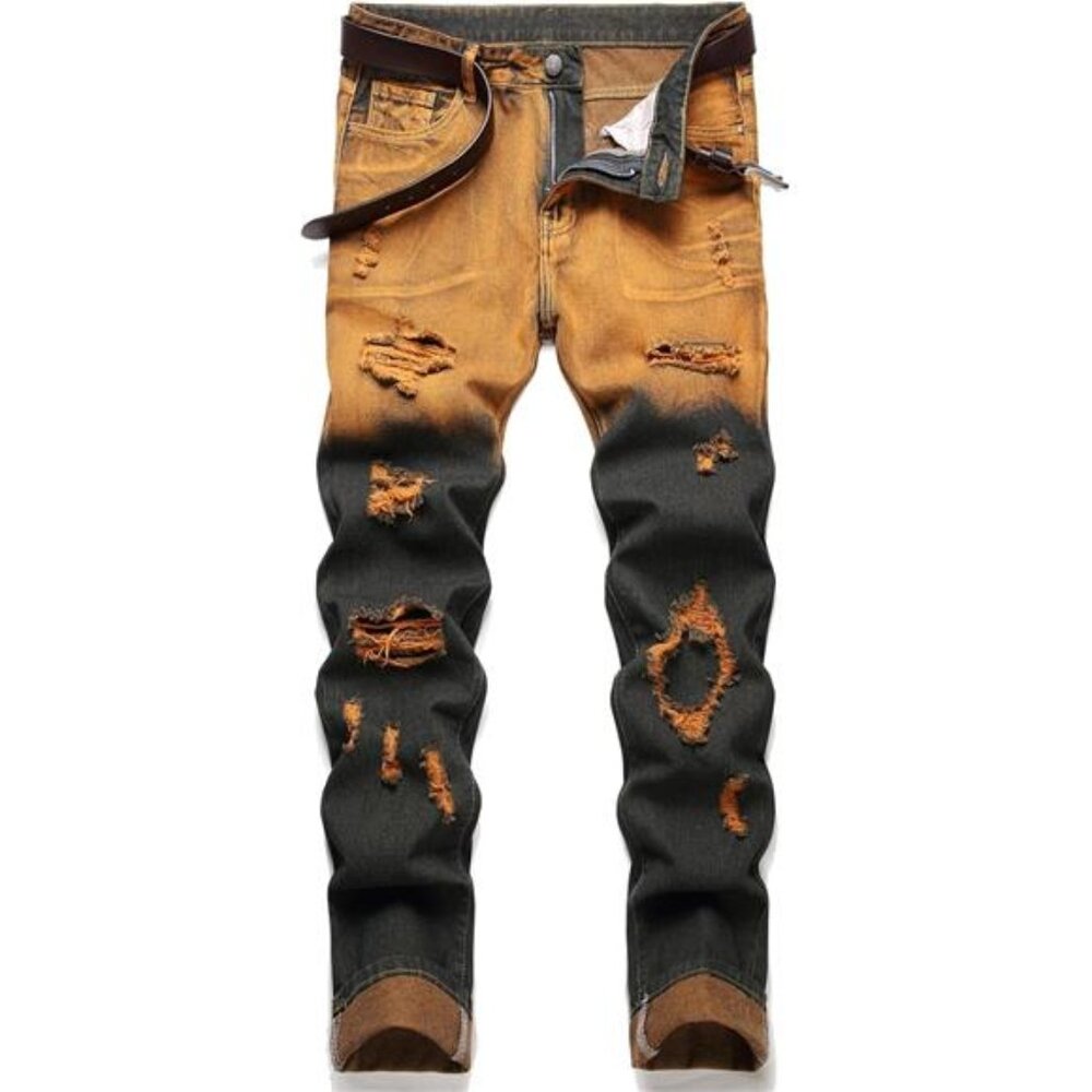 Men's Ripped Jeans Regular Fit Distressed Slim Straight Leg Stacked Biker